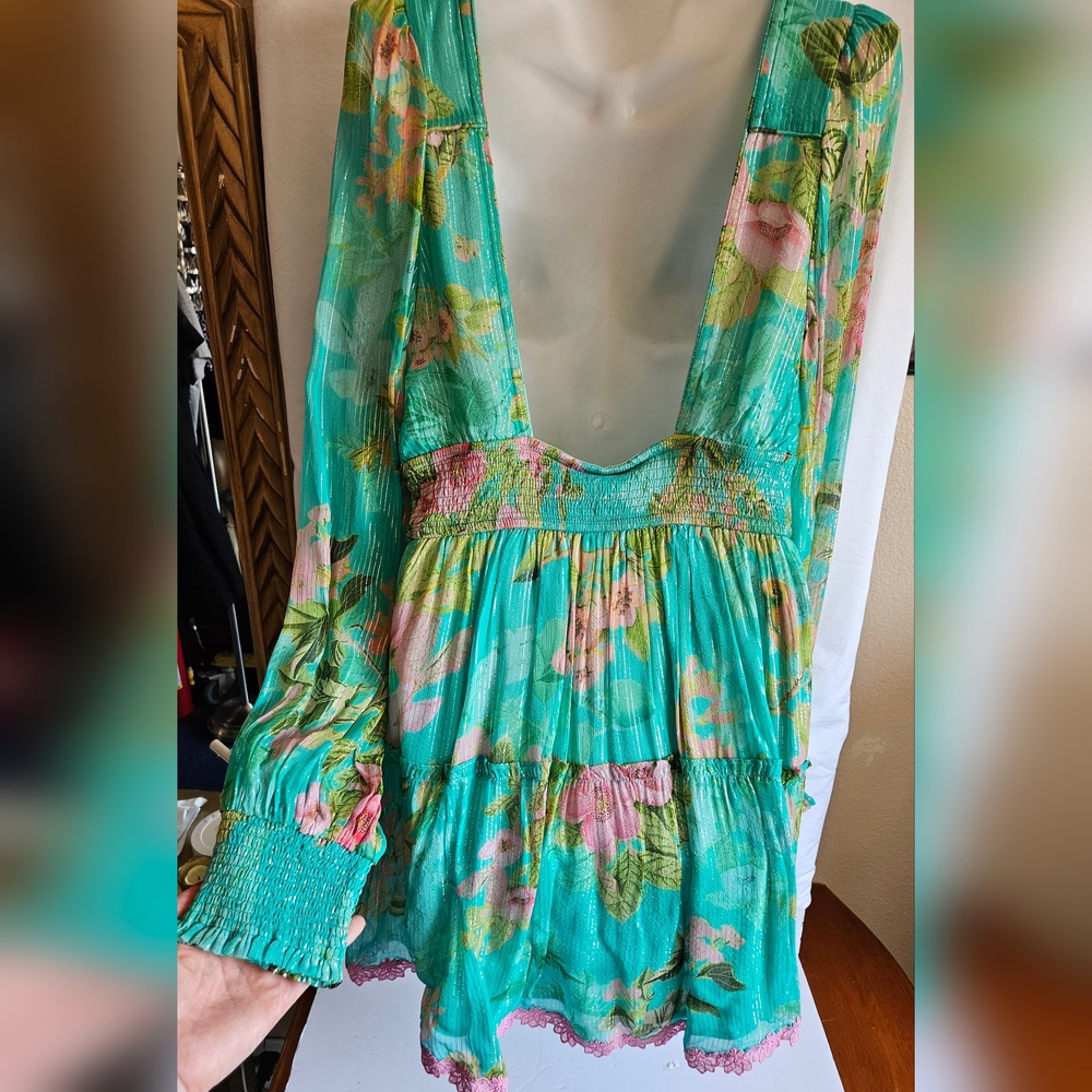 Hemant & Nandita Teal Floral Mini Dress – NWT - Picture 3 of 5